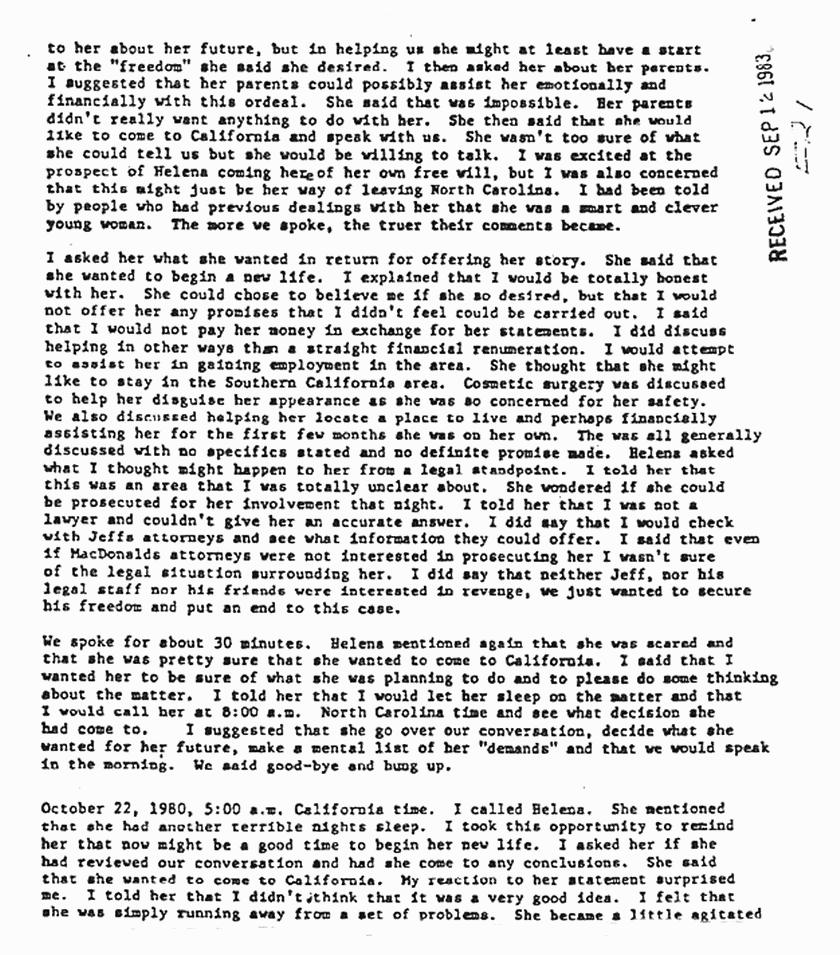 September 12, 1983: Rec'd copy of Phyllis Hughes's Dec. 1, 1981 letter to Ted Gunderson re: Helena Stoeckley, p. 2 of 3