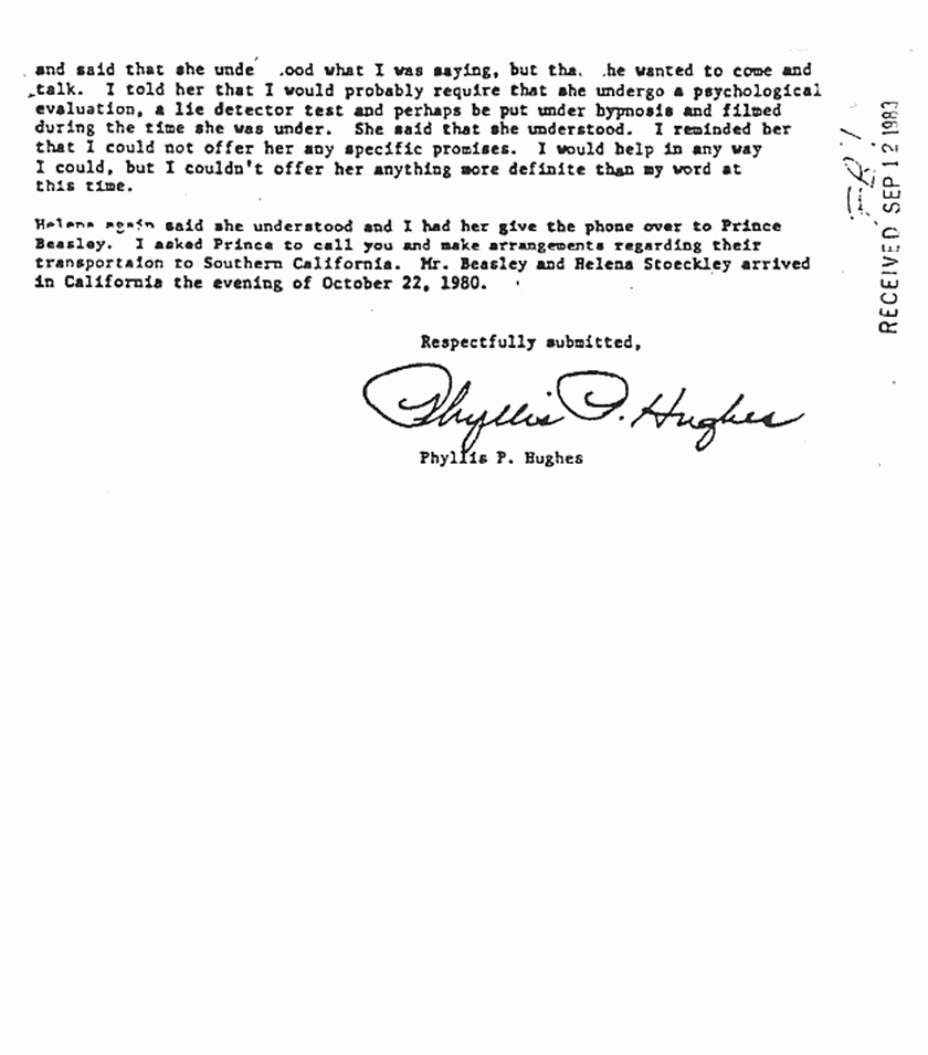 September 12, 1983: Rec'd copy of Phyllis Hughes's Dec. 1, 1981 letter to Ted Gunderson re: Helena Stoeckley, p. 3 of 3